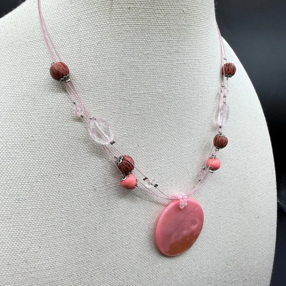 Pink Shell Disc Pendant Beaded Necklace Boho Statement Cottagecore Festival Gift